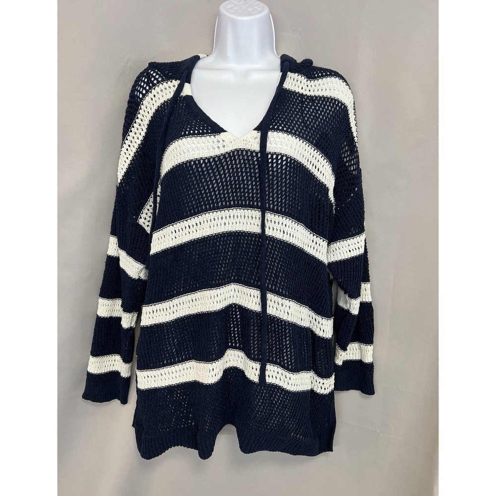 Artelier Nicole Miller Womens‎ Navy Open-Knit Hooded Beachy Sweater 2X Crochet